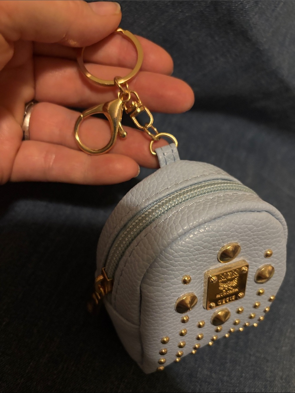 Light Blue Studded Mini Keychain Backpack Bag with Gold Hardware - Picture 6 of 11